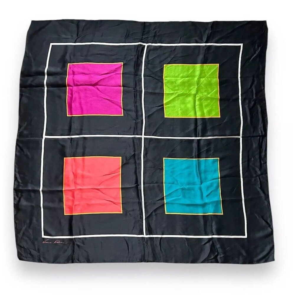 Black Anne Klein Silk Scarf 35” X 34” Vtg Elegant scarf Pink Green Orange Blue